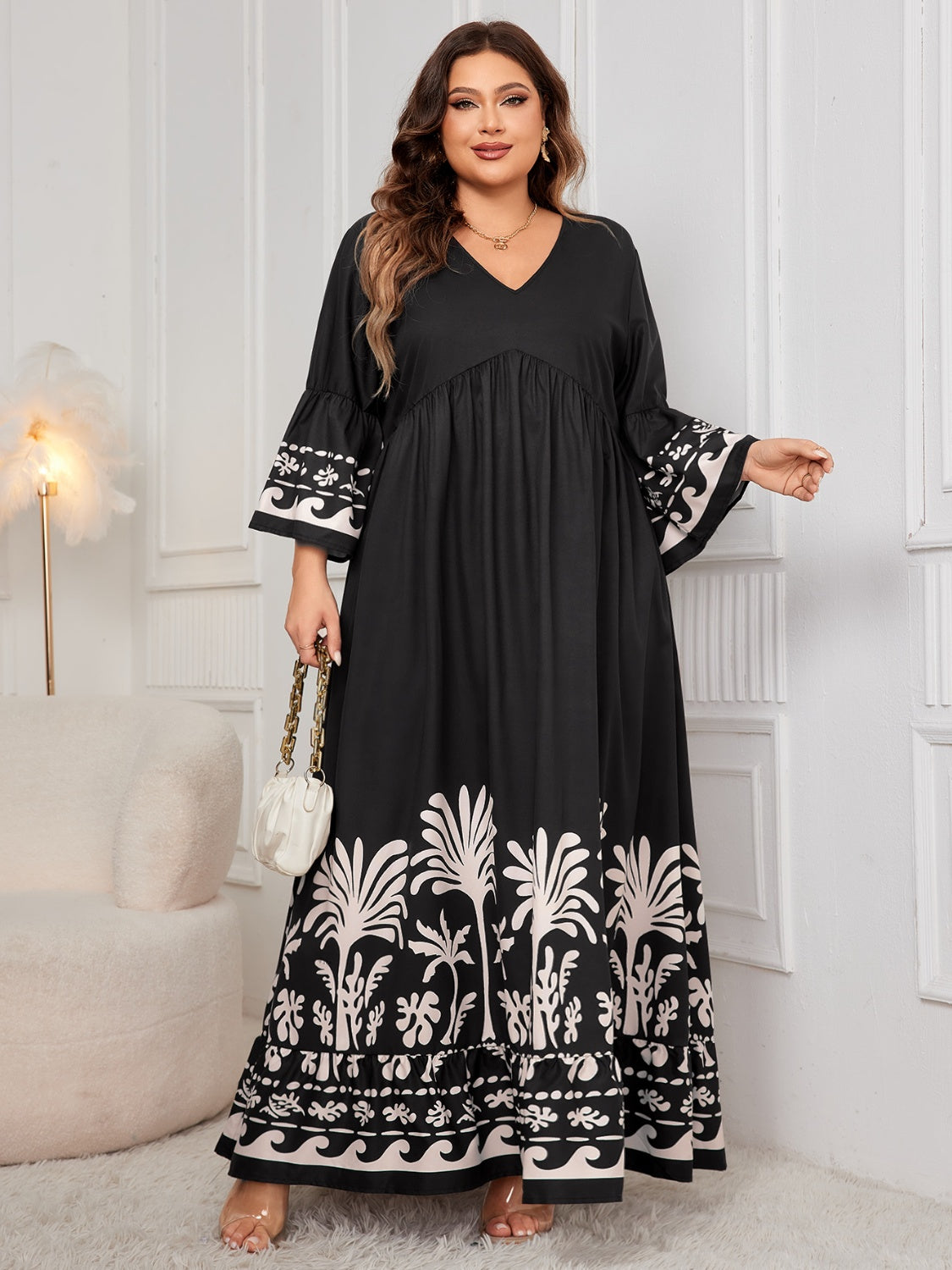 Robe longue imprimée grande taille à col en V et manches longues