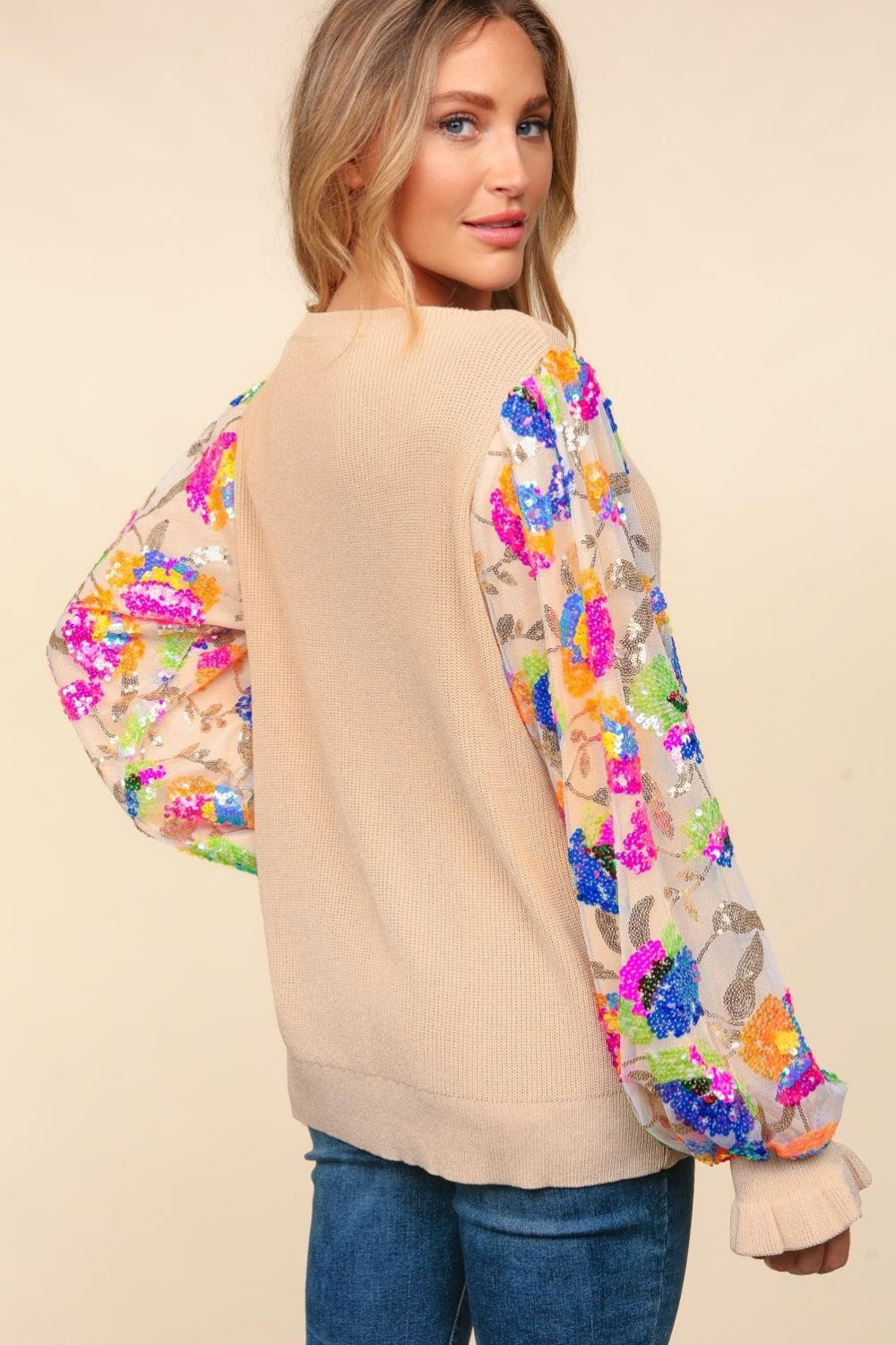 Pull à manches volantées en maille à paillettes florales Haptics
