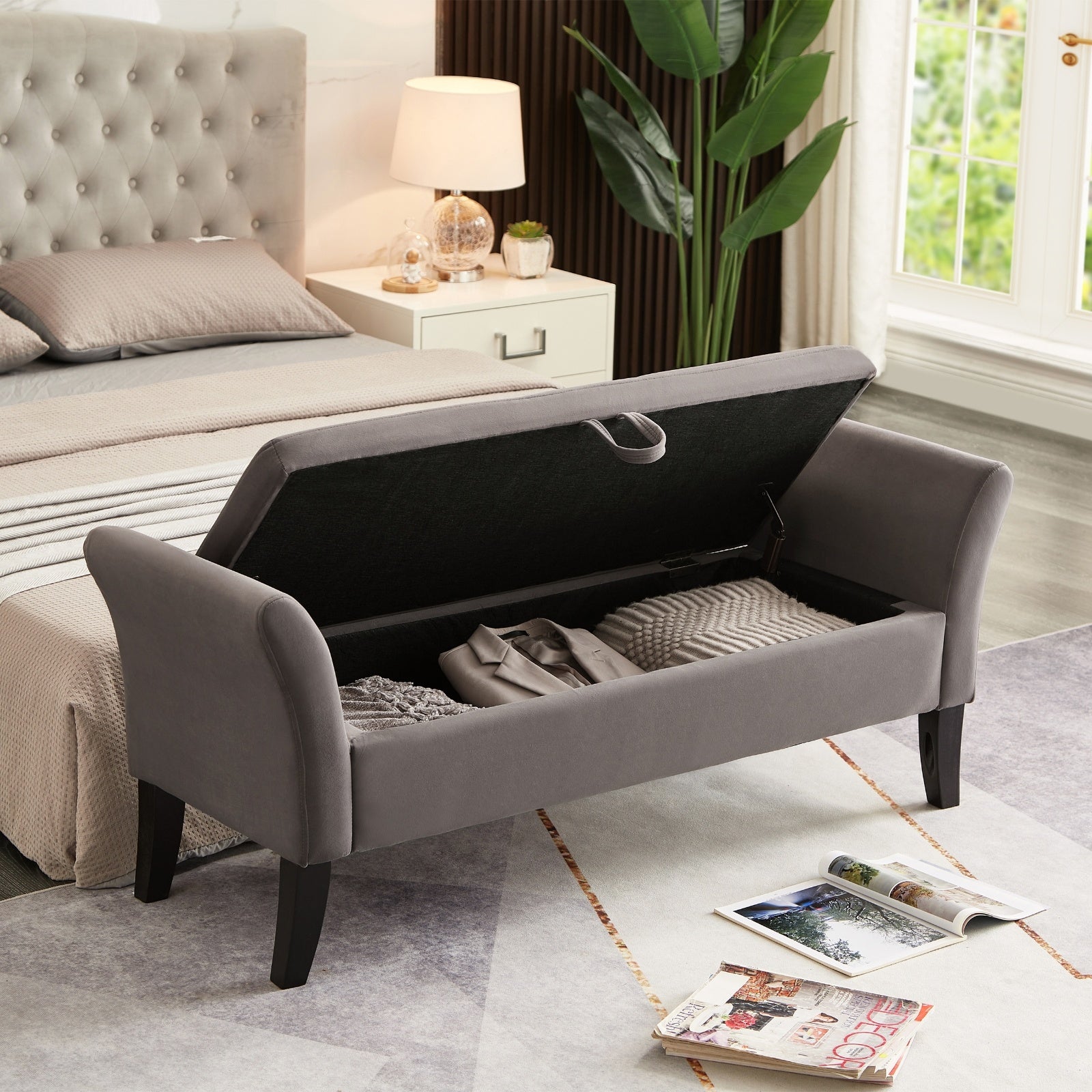 51.5 Bed Bench With Storage Grey Velvet