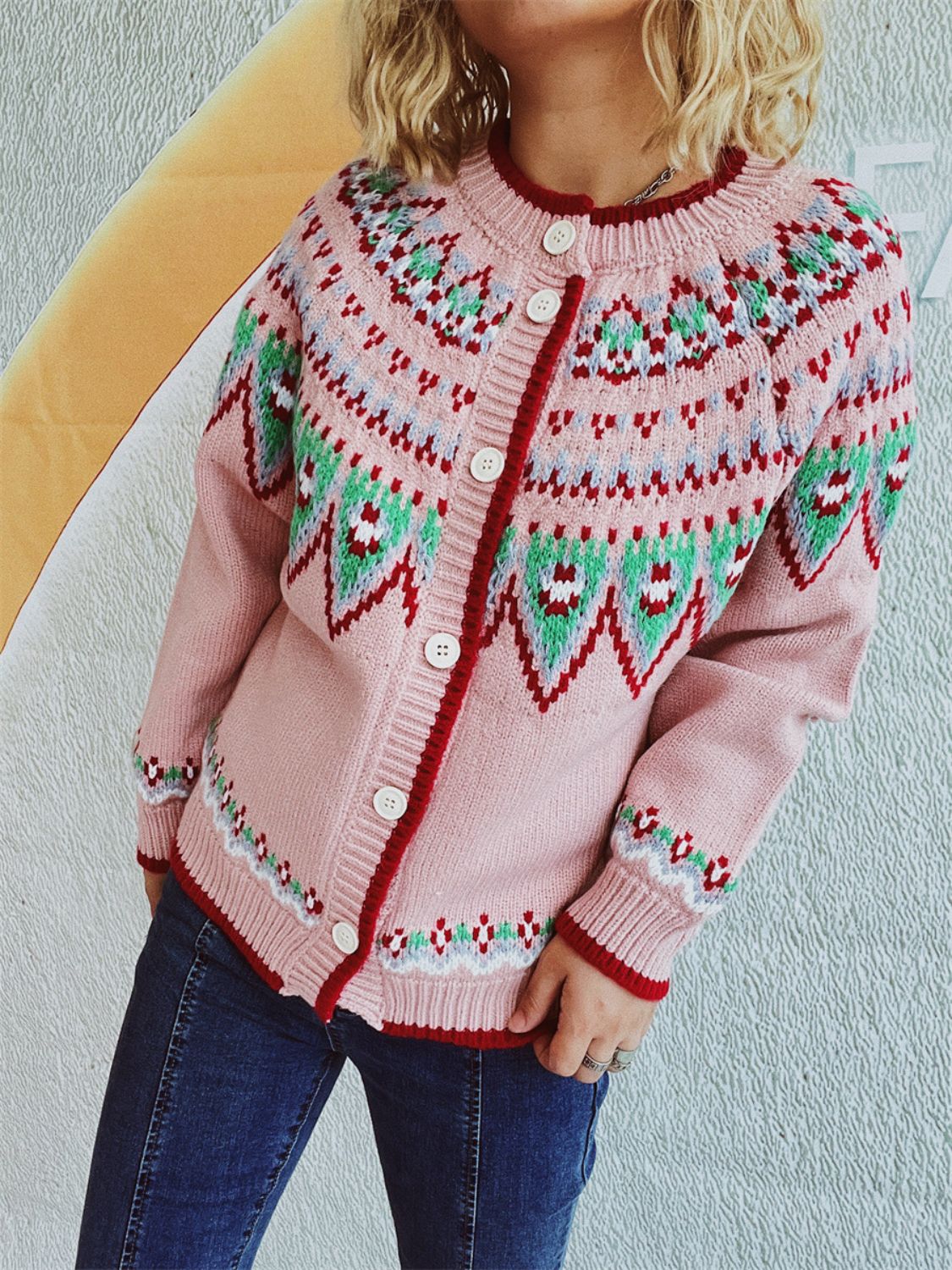 Cardigan à manches longues et col rond à motif géométrique contrasté