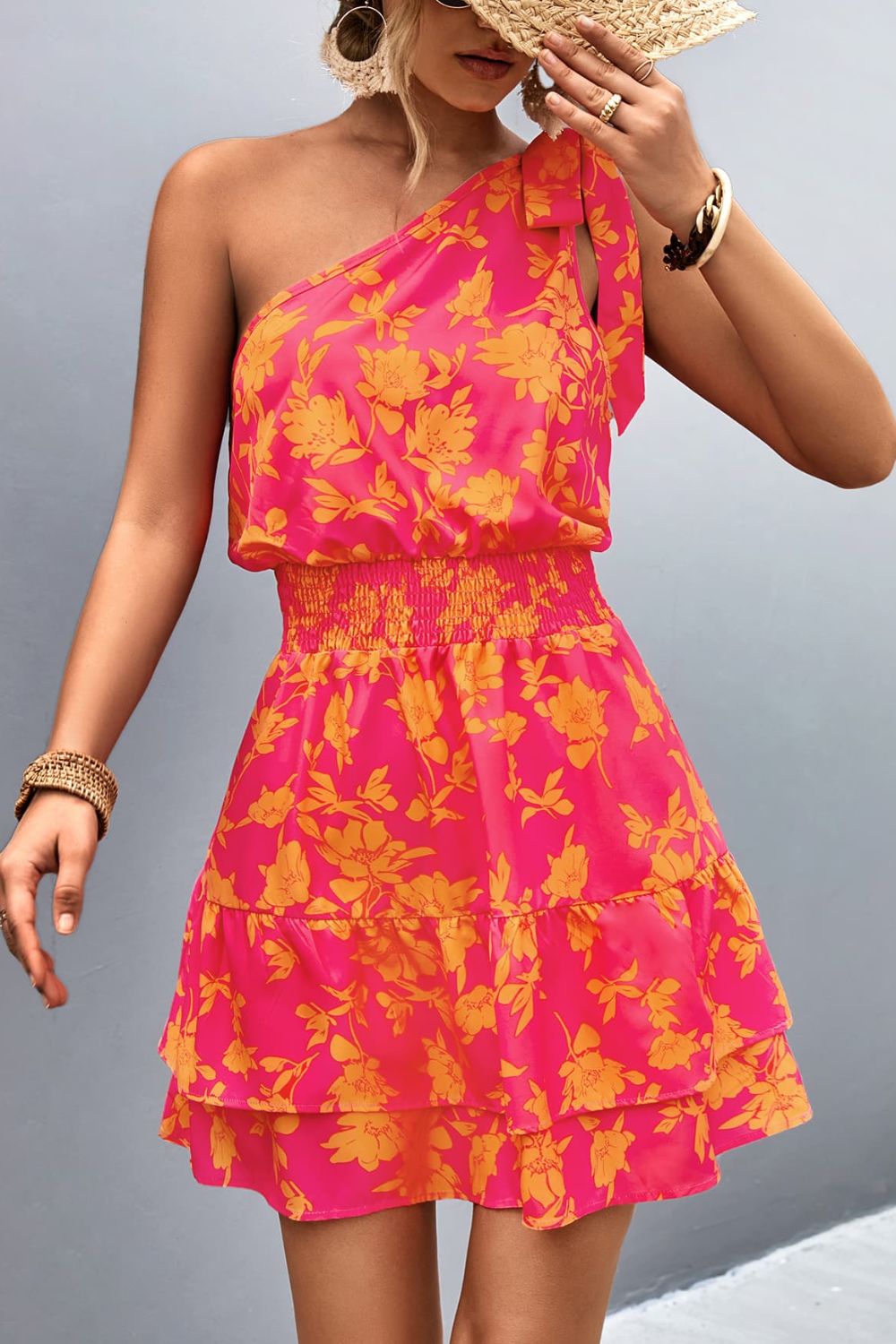 Robe imprimée à smocks et à épaule unique
