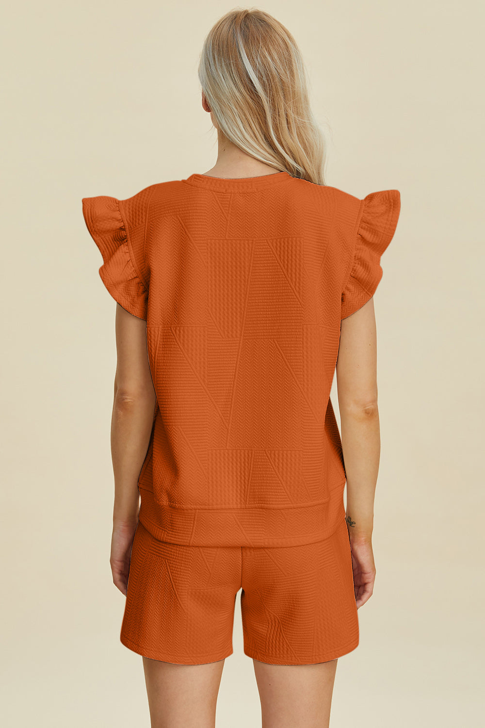 Ensemble haut et short texturés à col rond et manches à volants Double Take