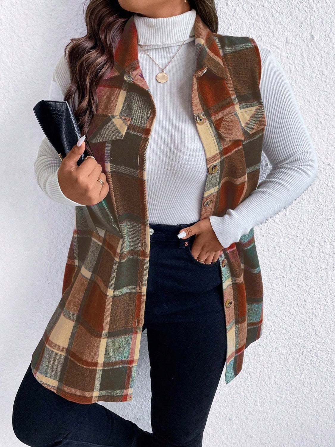 Manteau sans manches boutonné à carreaux et poches Honey grande taille