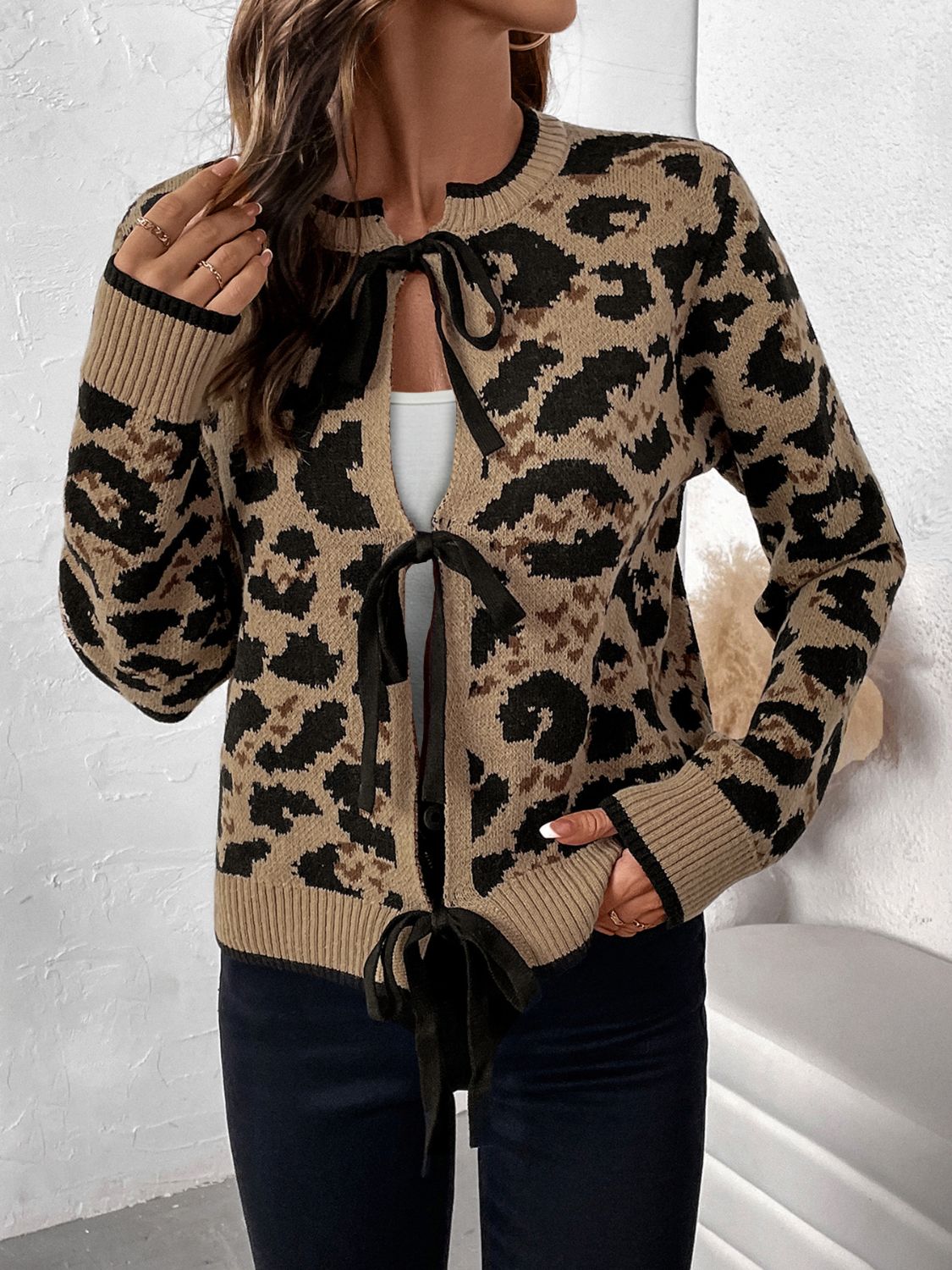 Cardigan à manches longues noué léopard Perfee