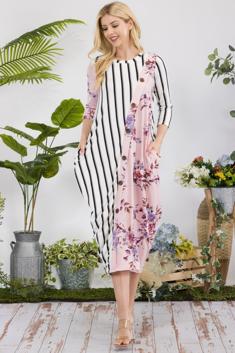 Robe mi-longue Celeste à rayures florales contrastées et poches