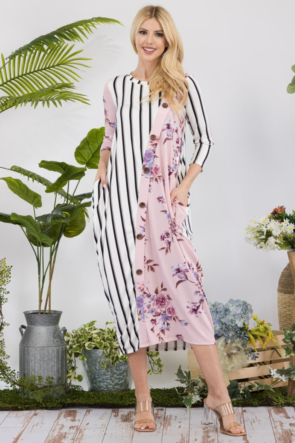 Robe mi-longue Celeste à rayures florales contrastées et poches