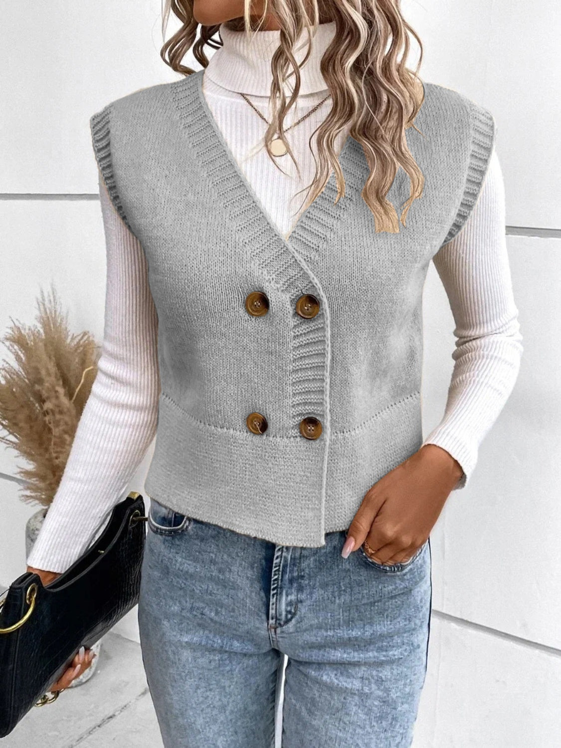 Gilet pull boutonné à col en V pleine grandeur