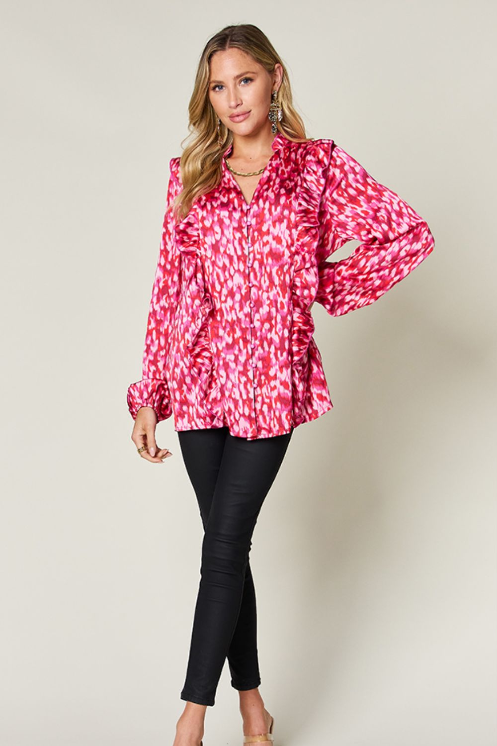 Chemise à manches ballon à volants et imprimé Double Take, taille standard