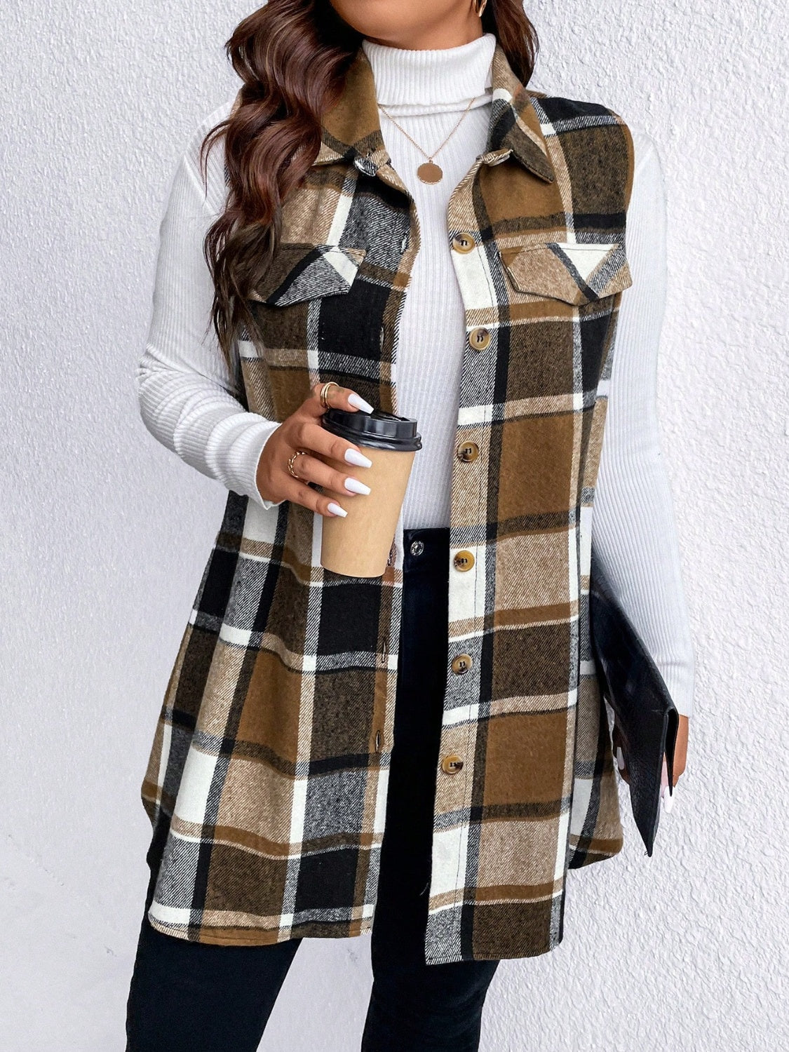 Manteau sans manches boutonné à carreaux et poches Honey grande taille