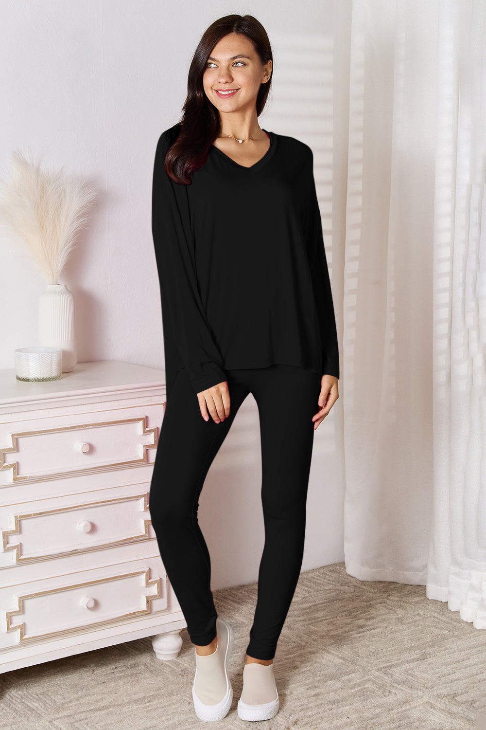 Ensemble de détente basique Bae Bamboo, haut à manches longues et pantalon à col en V, grande taille