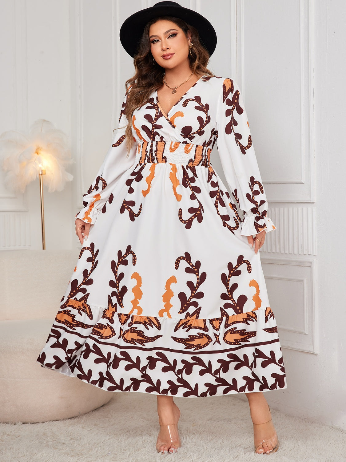 Robe grande taille imprimée à volants et manches volantées
