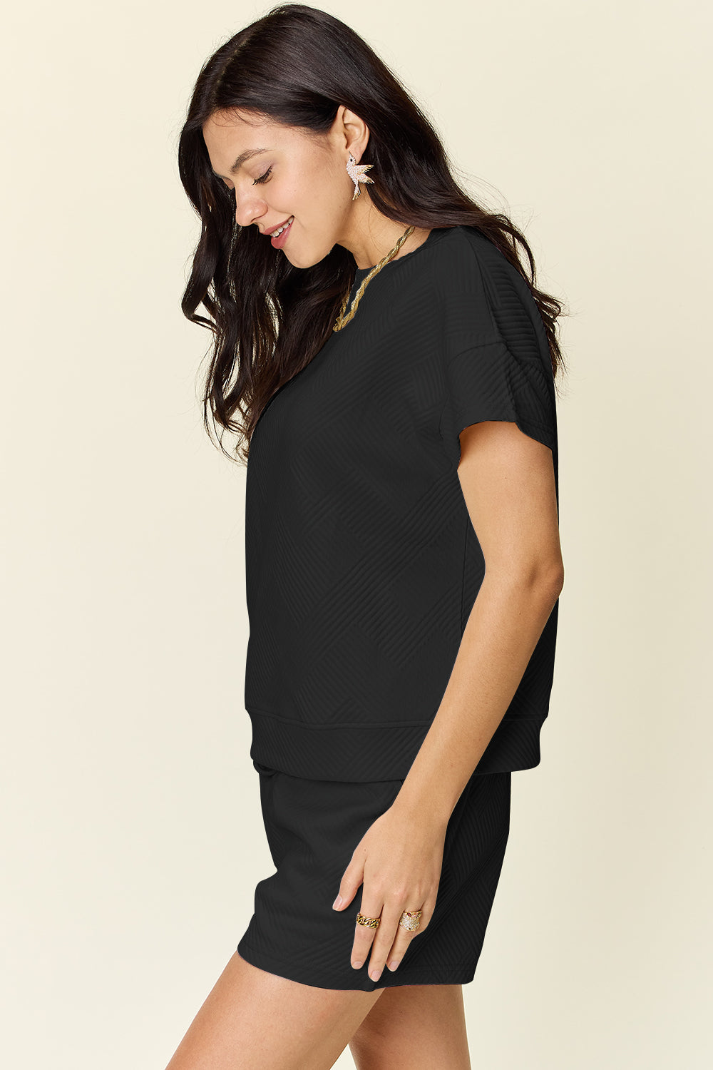 Ensemble t-shirt à manches courtes texturé Double Take et short à cordon de serrage