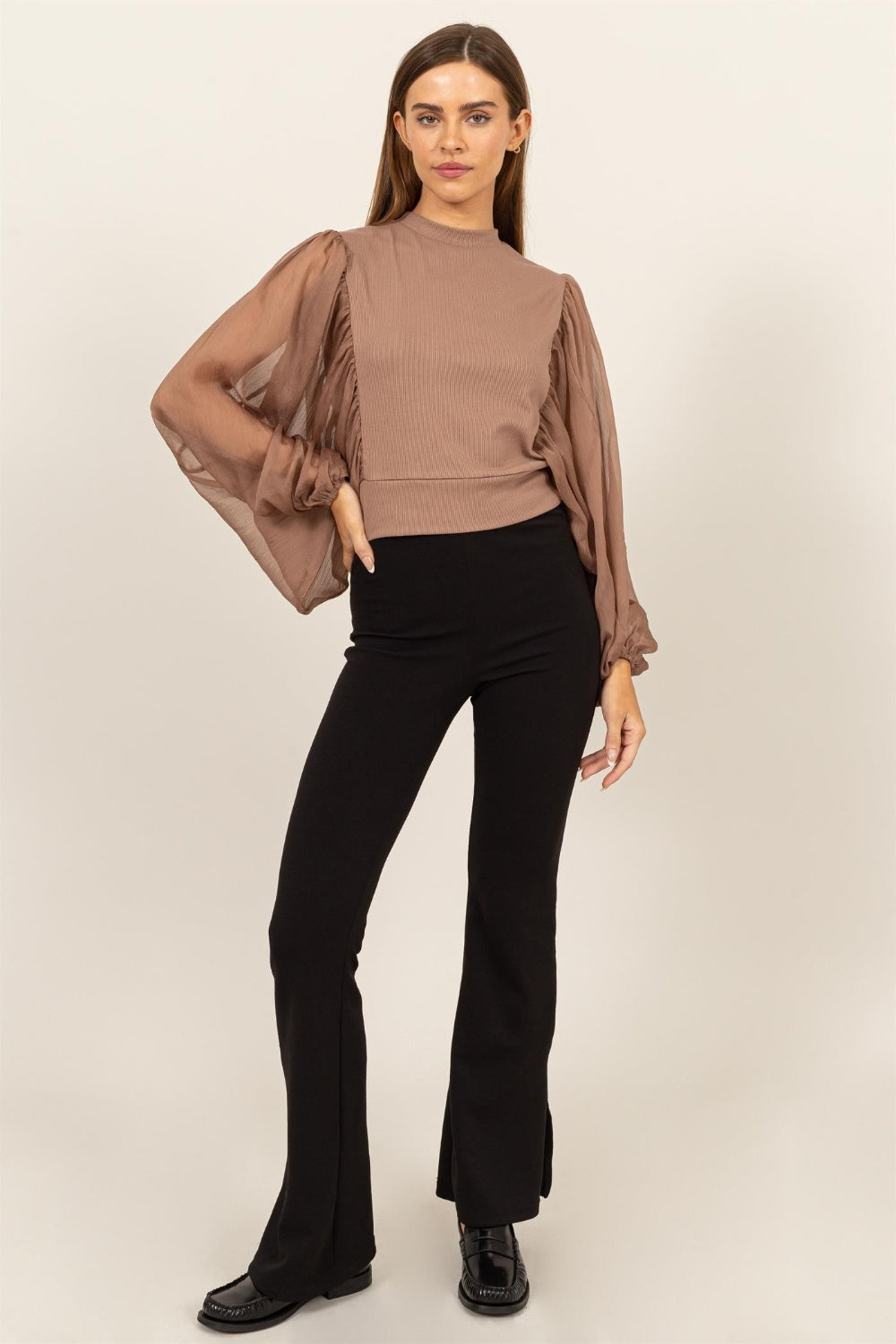 HYFVE Blouse transparente froncée à manches longues et col montant