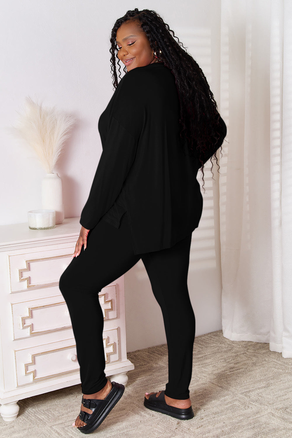 Ensemble de détente basique Bae Bamboo, haut à manches longues et pantalon à col en V, grande taille