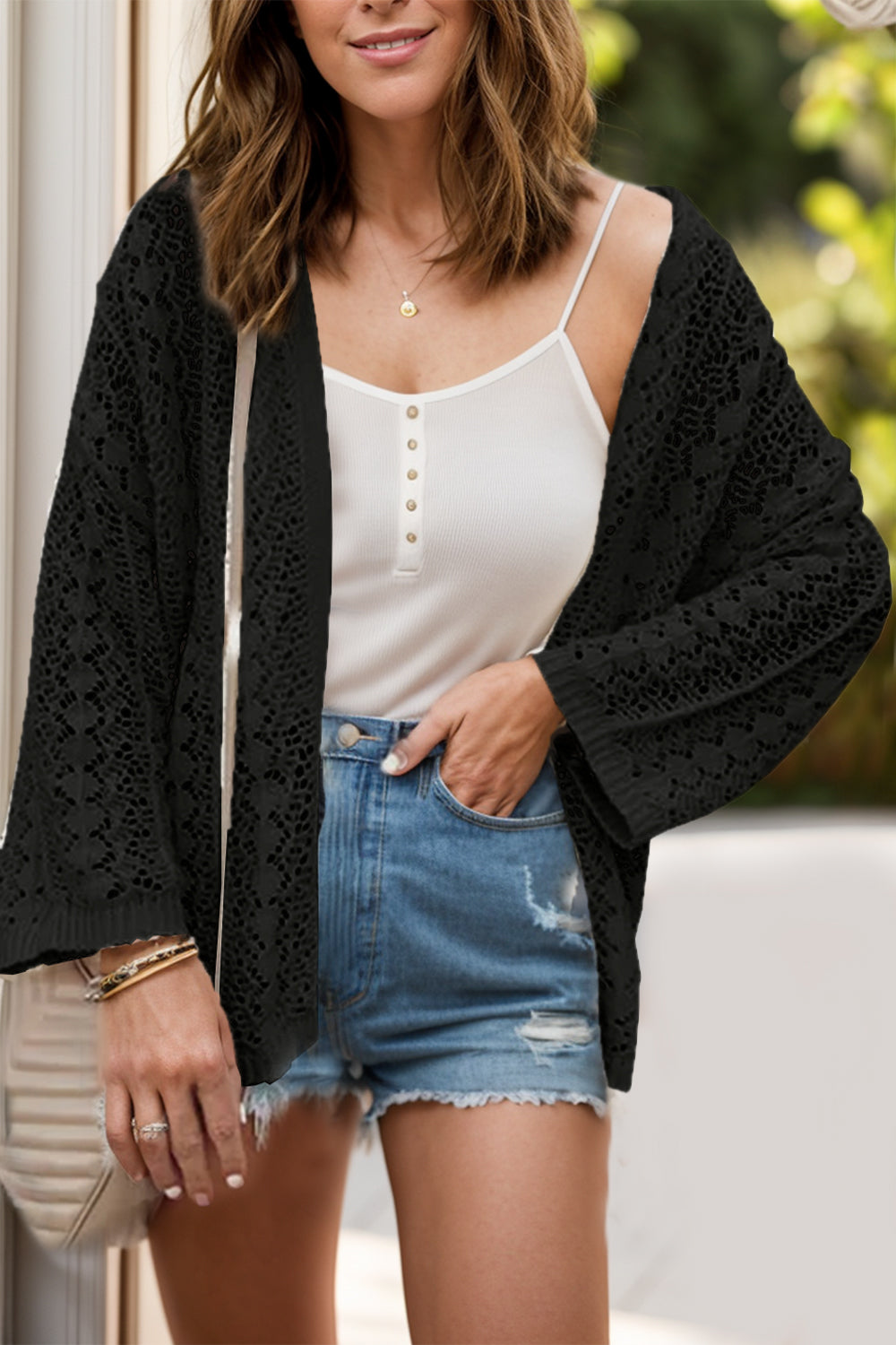 Cardigan ajouré à épaules tombantes et devant ouvert