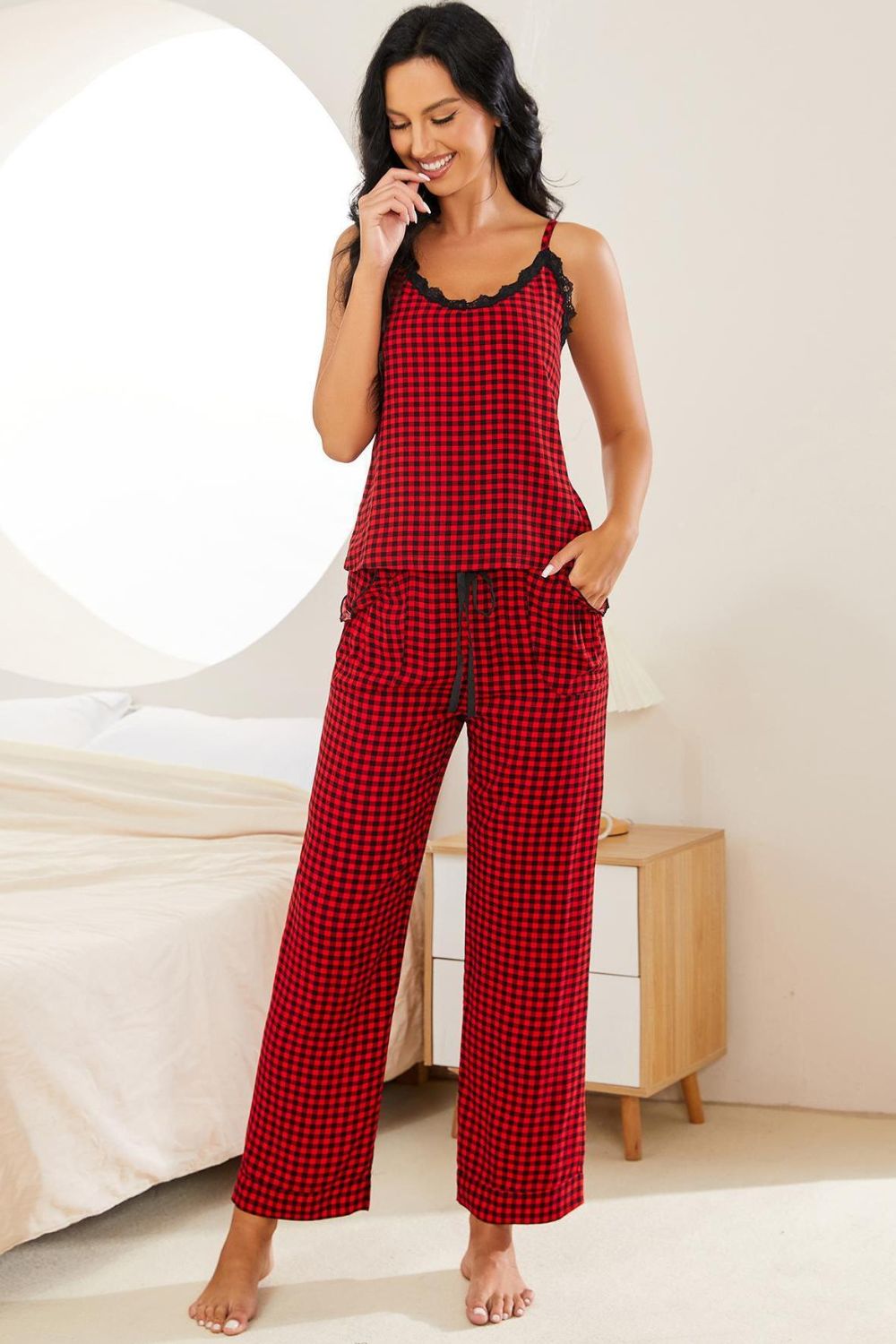 Ensemble pyjama caraco à bordure en dentelle à carreaux et pantalon à cordon de serrage