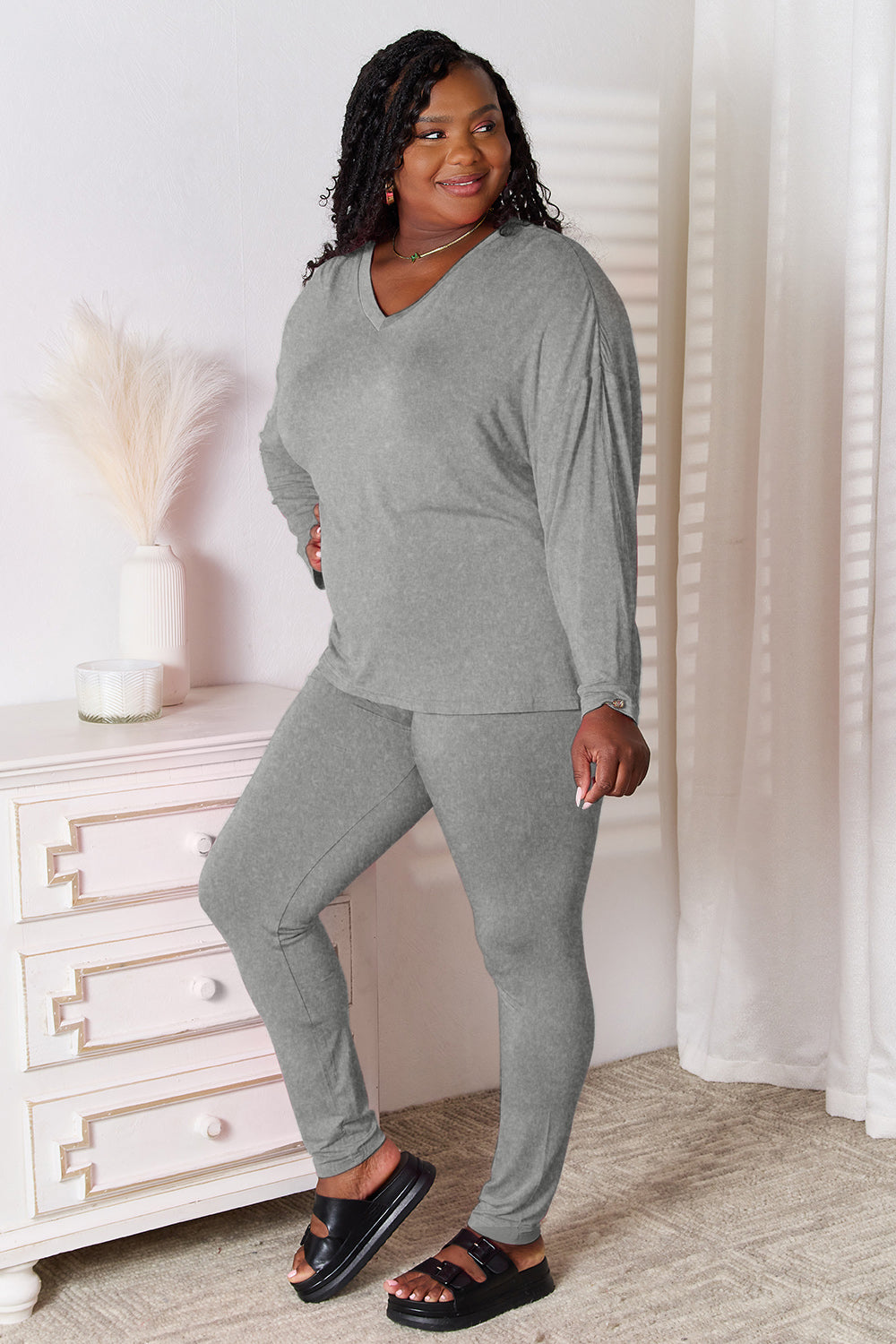 Ensemble de détente basique Bae Bamboo, haut à manches longues et pantalon à col en V, grande taille
