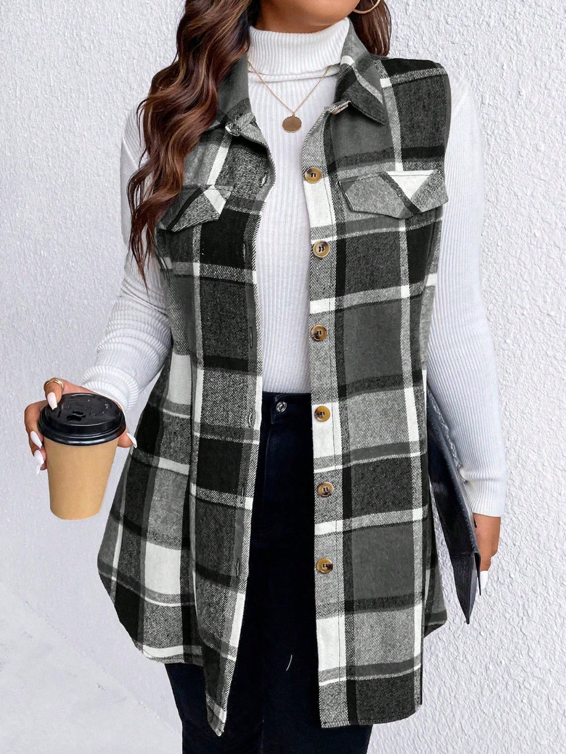 Manteau sans manches boutonné à carreaux et poches Honey grande taille