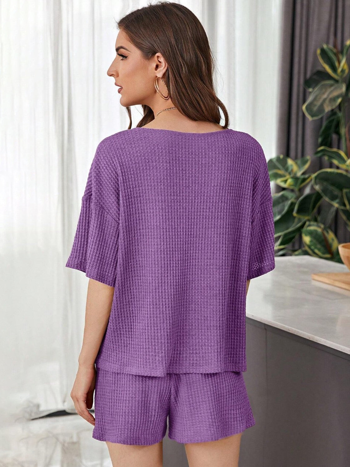Ensemble haut et short en tricot gaufré à épaules tombantes, taille réelle