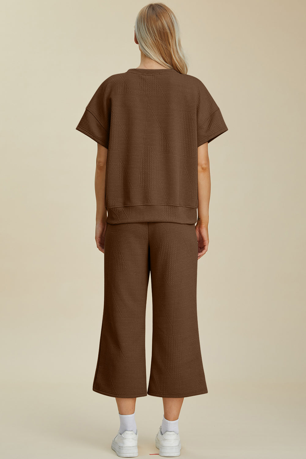 Ensemble haut et pantalon texturés à col rond et taille complète Double Take
