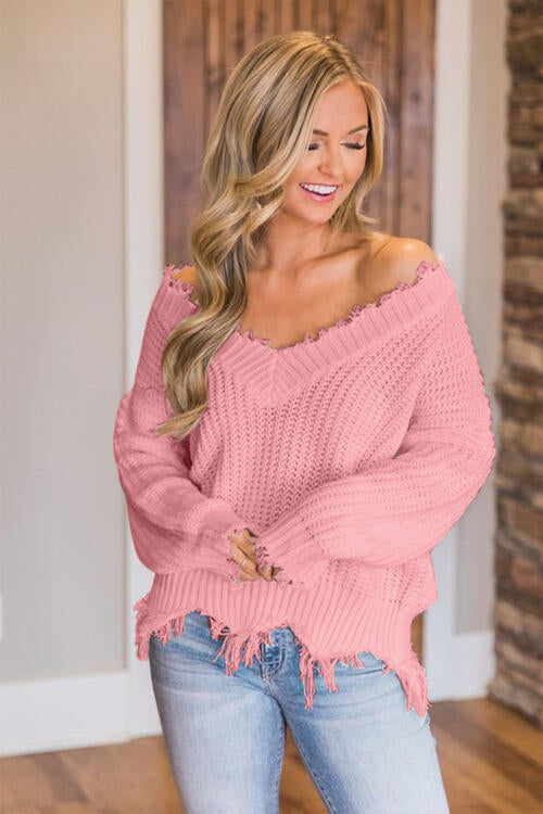 Pull à ourlet effiloché et épaules tombantes