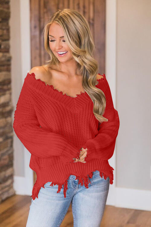 Pull à ourlet effiloché et épaules tombantes