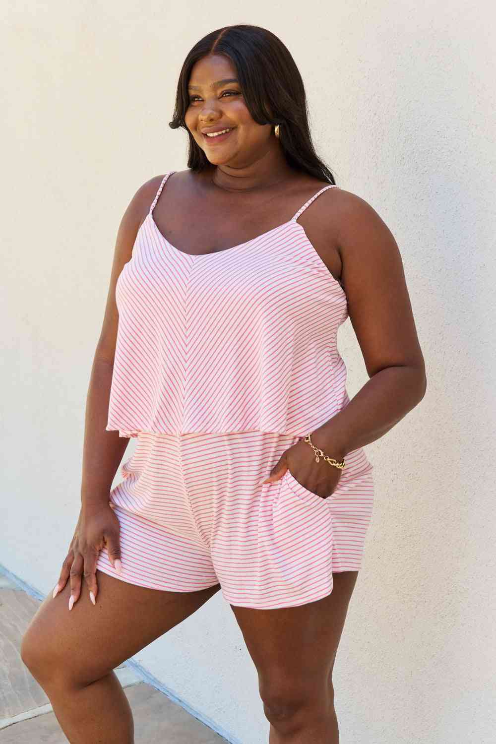 Combishort rayé double évasé Culture Code Let It Happen, taille complète, rose
