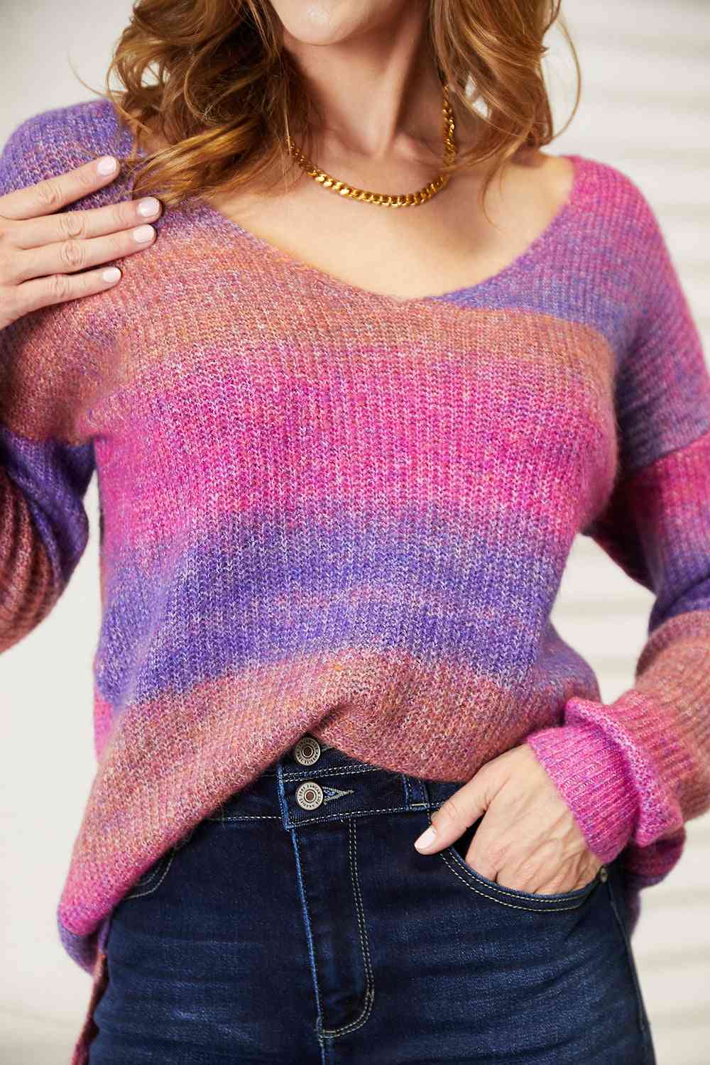Pull en tricot côtelé multicolore à col en V Double Take
