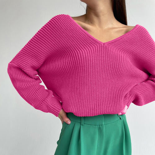 Pull à manches longues et col en V avec épaules tombantes