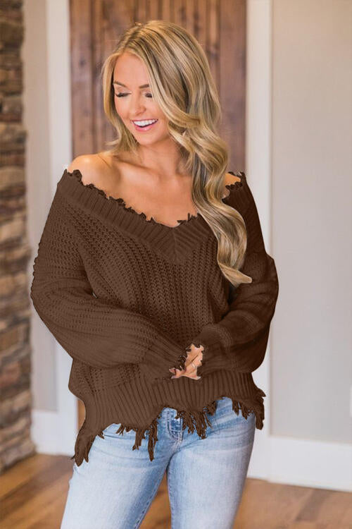 Pull à ourlet effiloché et épaules tombantes