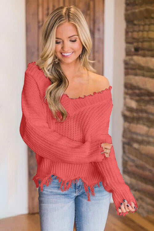 Pull à ourlet effiloché et épaules tombantes