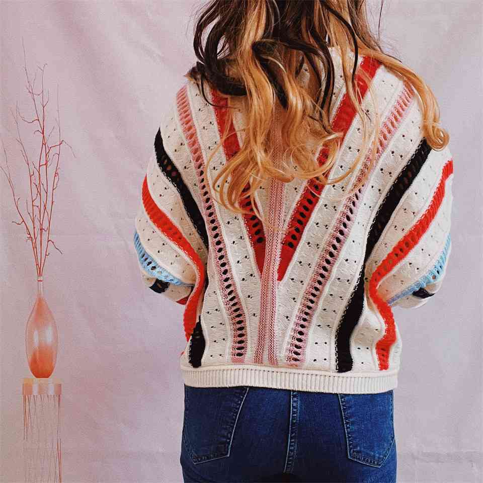 Pull col rond rayé ajouré