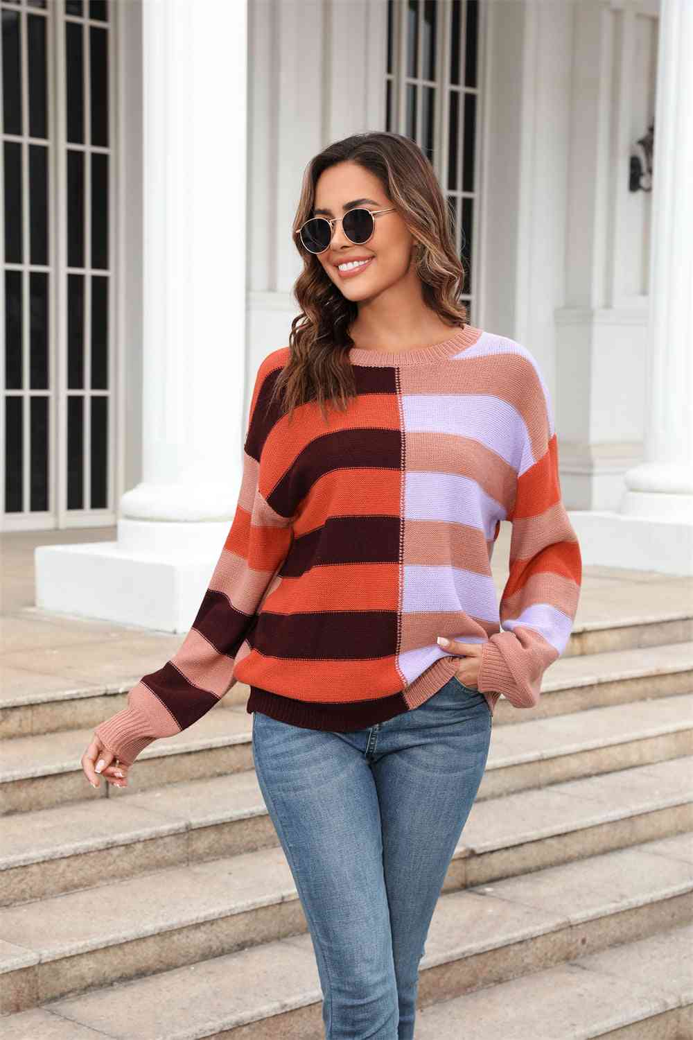 Pull col rond, manches longues, blocs de couleurs, épaules tombantes