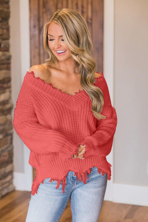 Pull à ourlet effiloché et épaules tombantes
