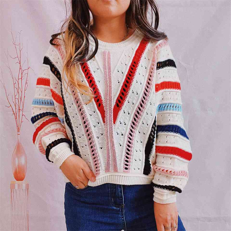 Pull col rond rayé ajouré