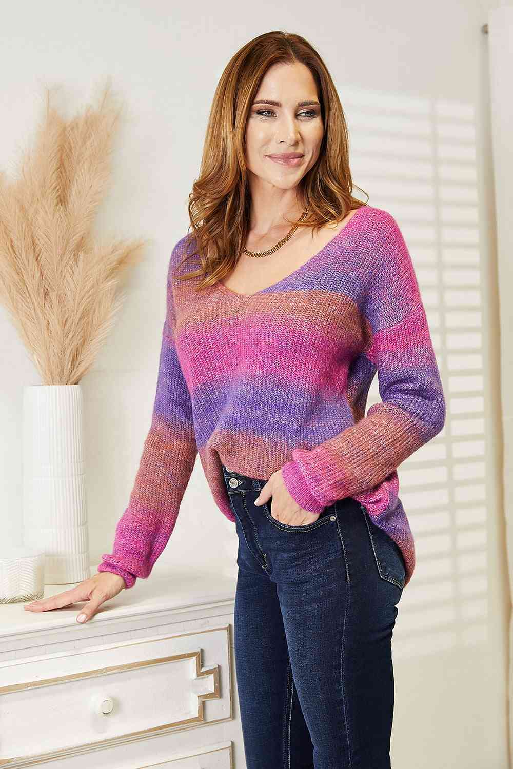 Pull en tricot côtelé multicolore à col en V Double Take