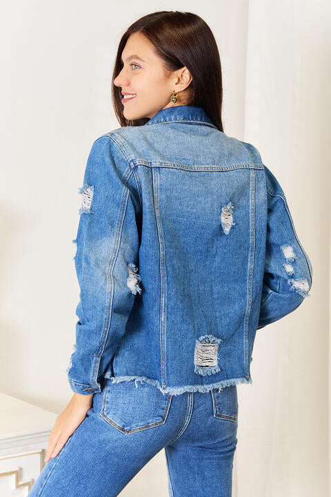 Veste en jean à ourlet brut et imprimé léopard fleuri Baeful