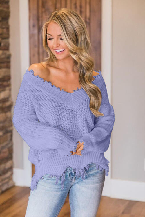 Pull à ourlet effiloché et épaules tombantes