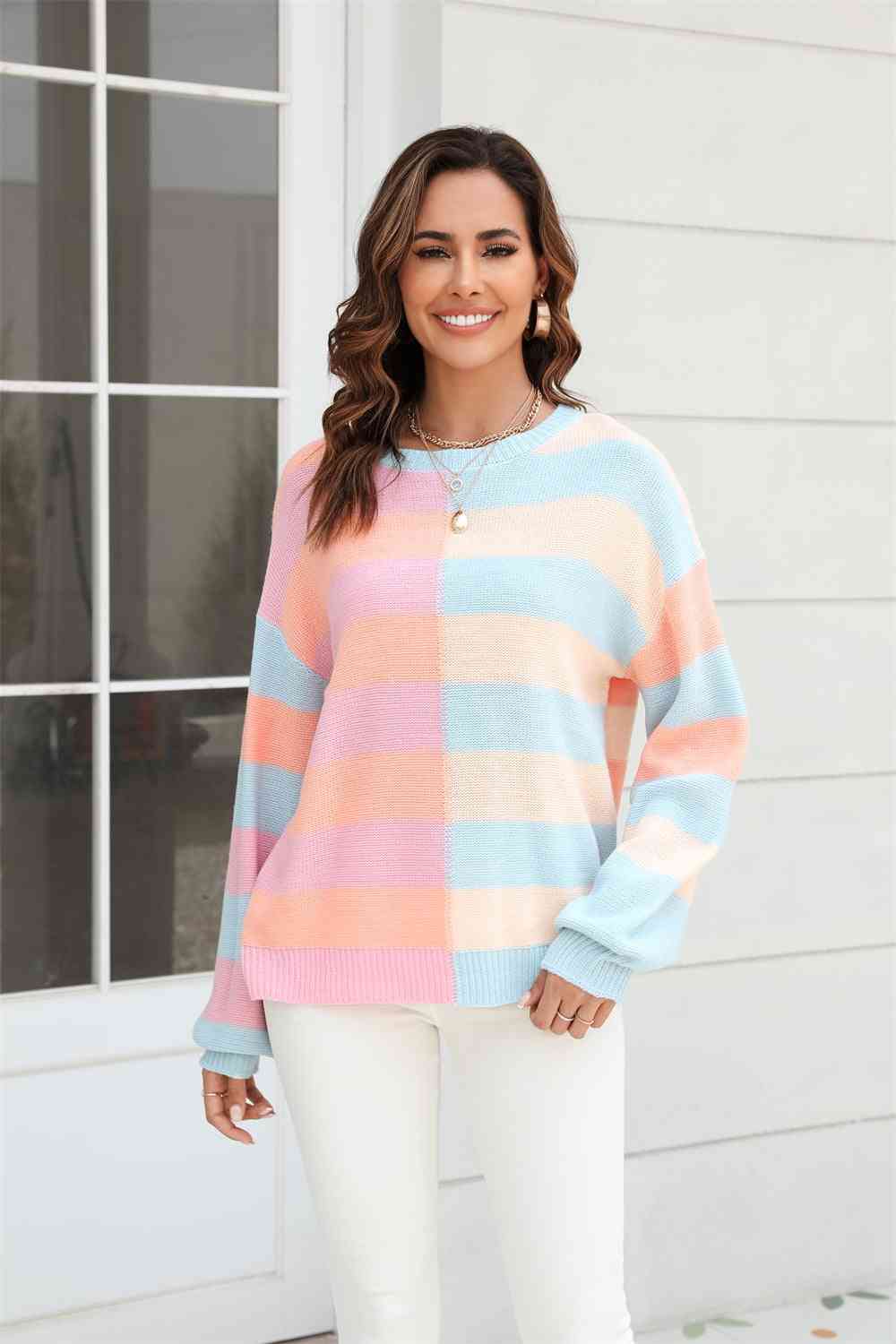 Pull col rond, manches longues, blocs de couleurs, épaules tombantes