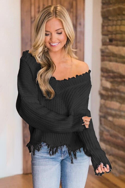 Pull à ourlet effiloché et épaules tombantes