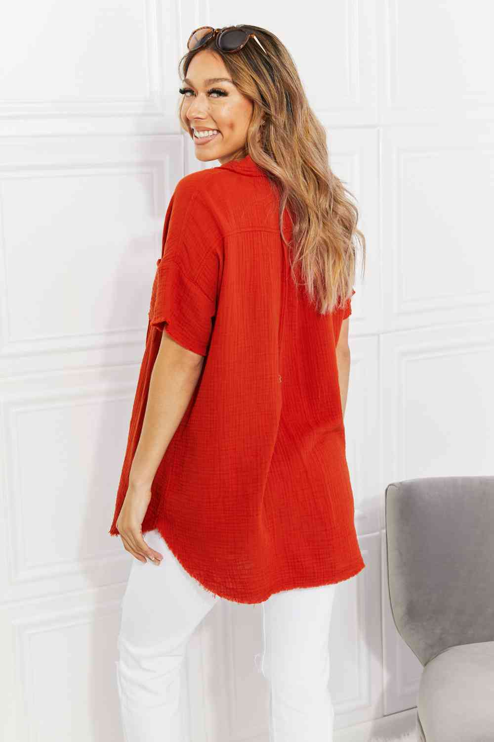 Chemise Zenana à manches courtes Summer Breeze en gaze cuivrée