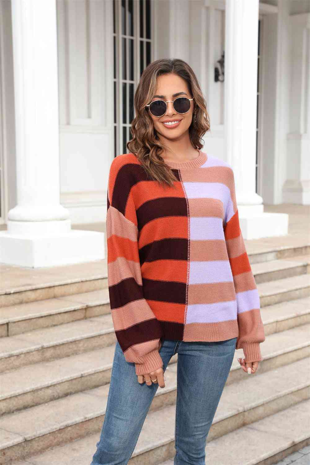 Pull col rond, manches longues, blocs de couleurs, épaules tombantes