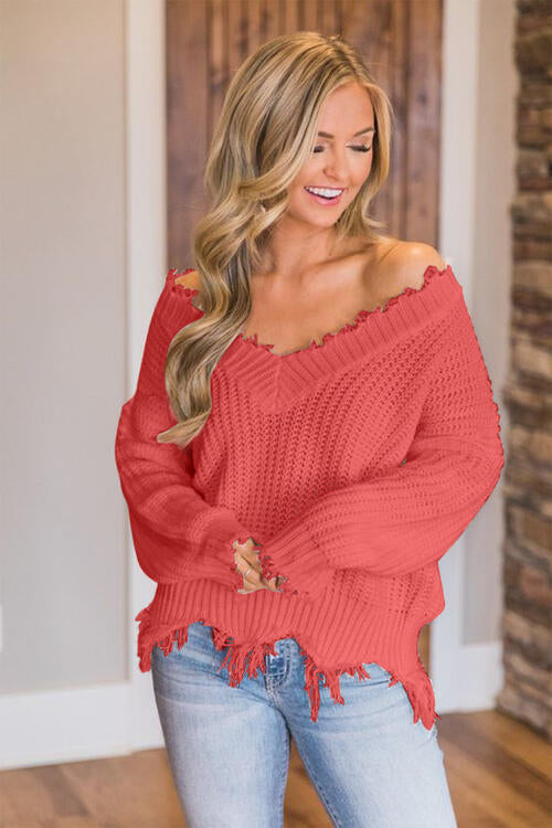Pull à ourlet effiloché et épaules tombantes