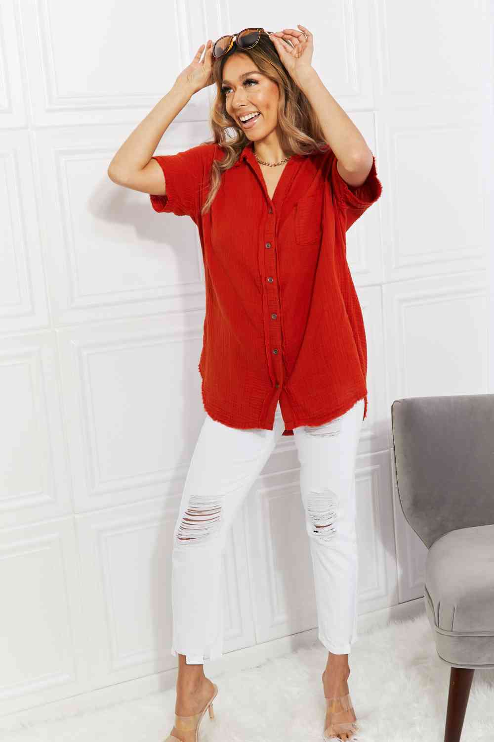 Chemise Zenana à manches courtes Summer Breeze en gaze cuivrée