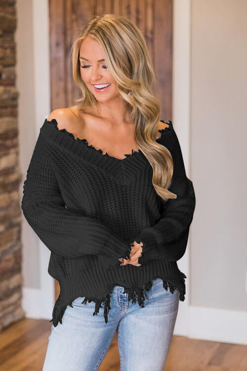 Pull à ourlet effiloché et épaules tombantes