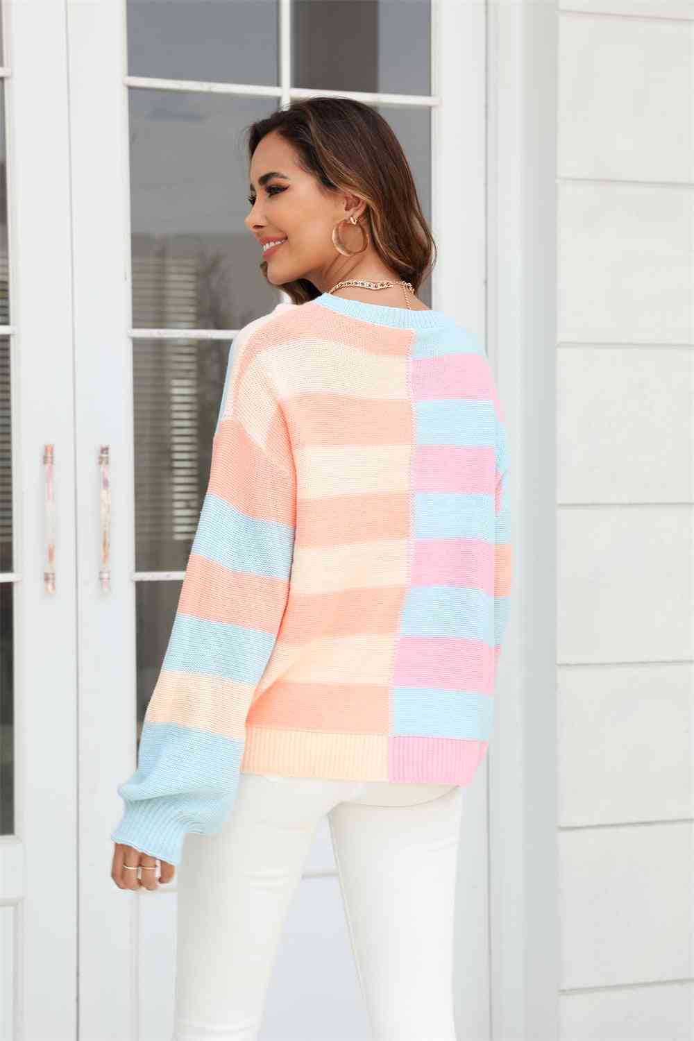Pull col rond, manches longues, blocs de couleurs, épaules tombantes