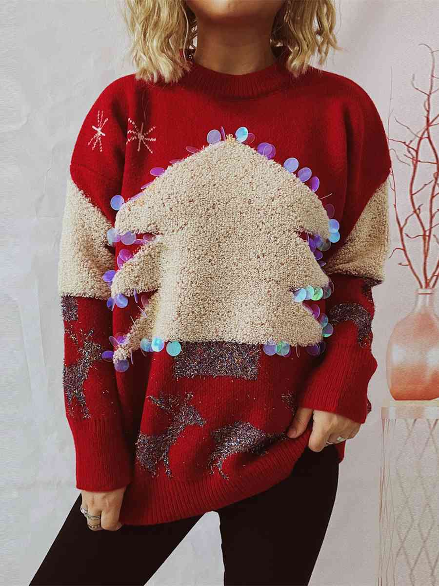 Pull col rond à paillettes motif sapin de Noël et renne