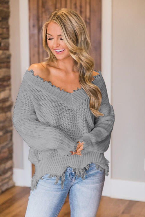 Pull à ourlet effiloché et épaules tombantes
