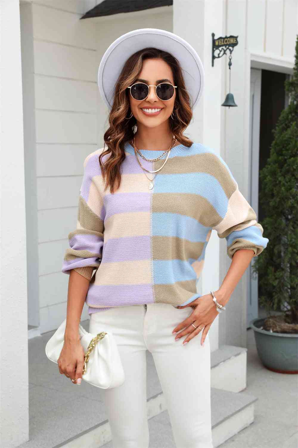 Pull col rond, manches longues, blocs de couleurs, épaules tombantes