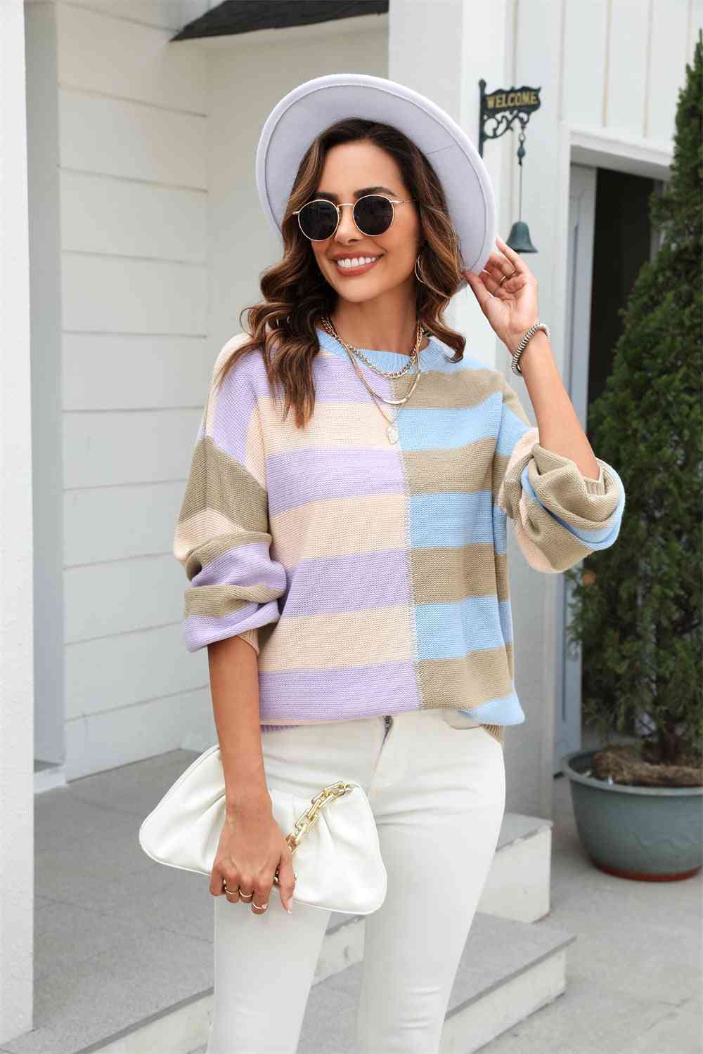 Pull col rond, manches longues, blocs de couleurs, épaules tombantes